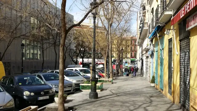רחוב שכונתי עם מכוניות חונות, עצים חשופים ופנס ברזל על מדרכה רחבה