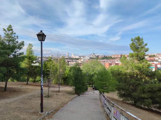 שביל בפארק עם פנס גבוה ועצי אורן, ונוף קו רקיע העיר באופק